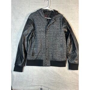 Hawk Mens Hooded Bomber Jacket Faux Leather Sleeves Grey Black Size Large